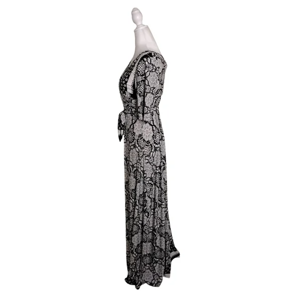 Women's Black White Floral Tie Wrap Stretch Maxi Dress L - Picture 3 of 6